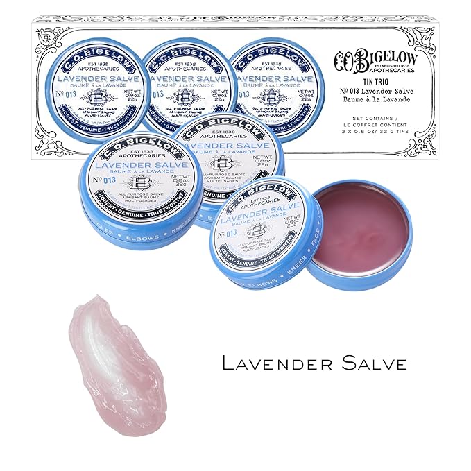 C.O. Bigelow Lavender Salve Tins, Pack of 3 Lip Balm Tins, All Purpose Salve for Lips, Cuticles, Hands & Dry Skin, Lip Balm Set, 0.8 oz