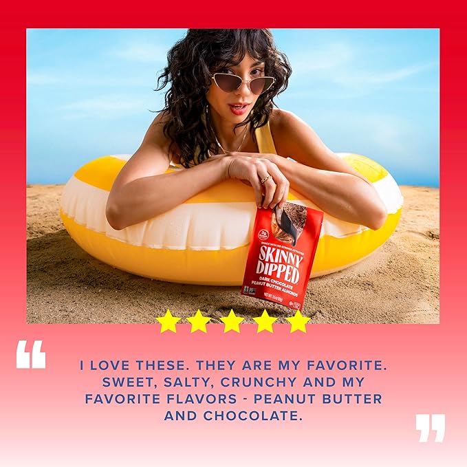 SkinnyDipped Dark Chocolate Peanut Butter Almonds, Chocolate Covered Almonds, Low Sugar, Gluten Free, Healthy Snack, 1.2 Ounce Bags (Pack of 15)