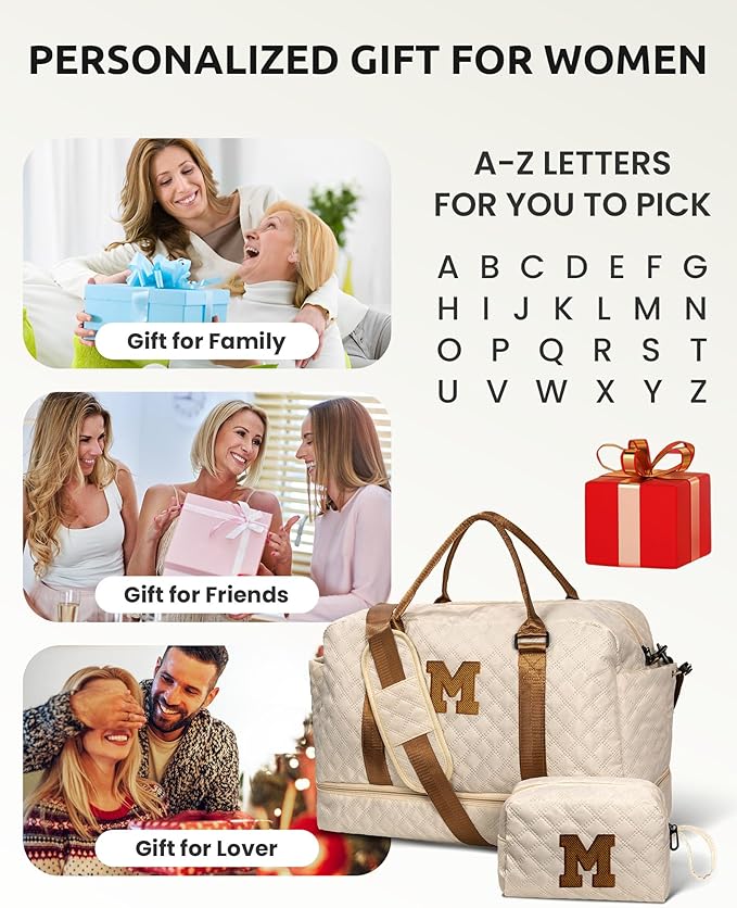 Gifts for Daughter-Initial Duffle Bag with Shoe Compartment, Personalized Weekender Bag, Monogram Overnight Bag, Letter Travel Bag with Makeup Bag，Sister Friend Girlfriend Gifts (Letter M)