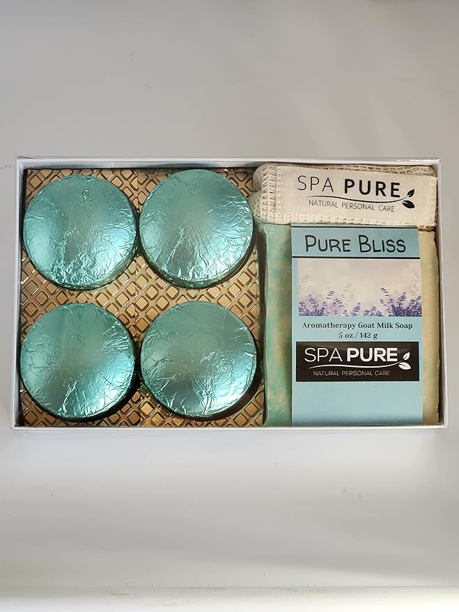 Spa Pure Aromatherapy Gift Set: Pure Bliss Artisan soap, Shower Steamers, USA made with plant based ingredients, essential oils, all natural Cotton Soap Bag & Steamer Bag)