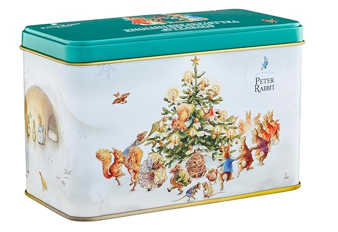 New English Teas Peter Rabbit & Friends Christmas Tree Tea Tin with 40 English Breakfast Teabags