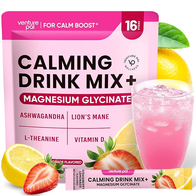 Venture Pal Calming Powdered Drink Mix, Magnesium Glycinate, Ashwagandha, L-Theanine,Vitamin D, Lions Mane, Sugar Free Magnesium Supplement Blend for Relax & Focus, Non GMO, Vegan, On The Go