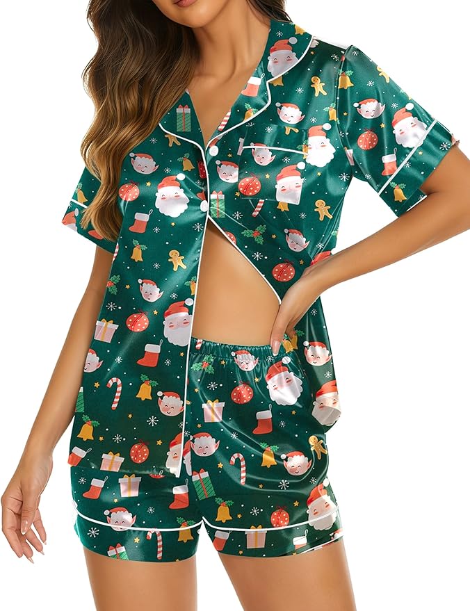 Ekouaer Silk Pajamas for Women Short Sleeve Sleepwear Soft Button Down Loungewear 2 Piece Satin Pjs Shorts Set S-XXL