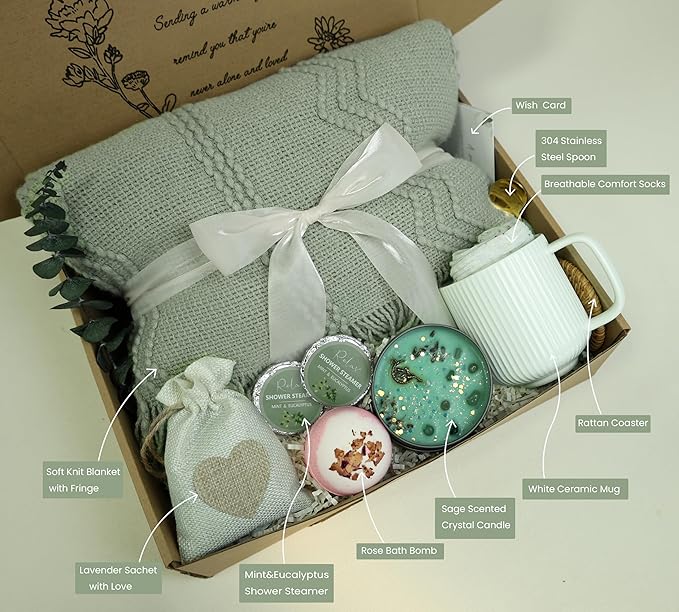 Get Well Soon Gift Baskets for Women&Men- Self Care Package - After Surgery/Sympathy/Relaxation Gifts /,Thinking of You/Grief/Bereavement/Miscarriage Gifts for Women (Grey Green)