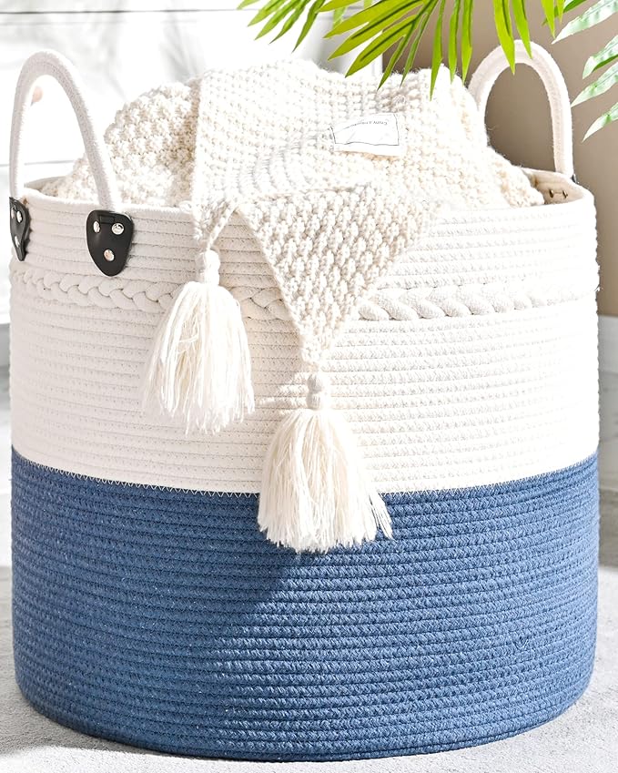 KAKAMAY Large Blanket Basket (18"x18"x16"),Woven Baby Laundry Hamper for Storage, Cotton Rope Blankets Baskets for Nursery, Laundry, Living Room, Pillows, Baby Toy chest with Handles (Navyblue)