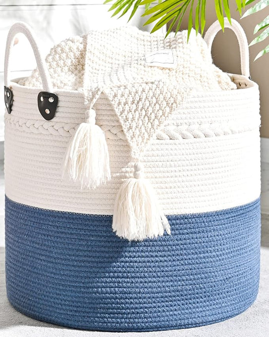 KAKAMAY Large Blanket Basket (18"x18"x16"),Woven Baby Laundry Hamper for Storage, Cotton Rope Blankets Baskets for Nursery, Laundry, Living Room, Pillows, Baby Toy chest with Handles (Navyblue)