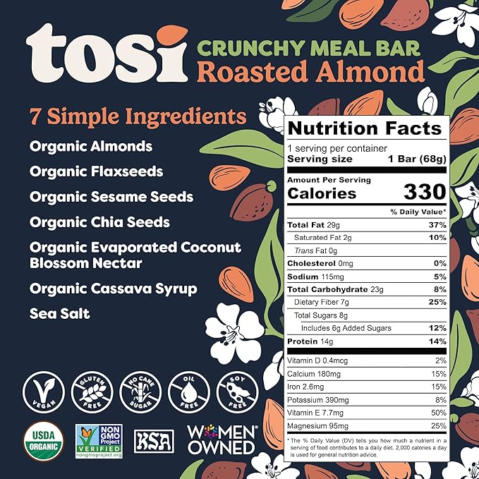Tosi Almond Protein Bars, Plant Based with Nuts, Gluten-Free Crunchy Snacks, Vegan, Organic, Flax & Chia Seeds, Soy-Free, Omega 3s, 12G Protein, 2.4 oz, 12-Pack