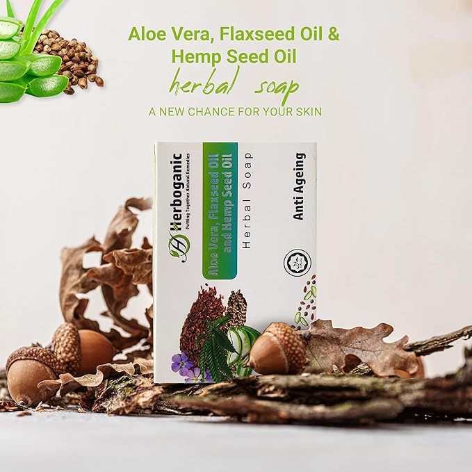 HERBOGANIC Aloe Vera, Flaxseed and Hemp seed oil Herbal Soap | Pack of 6 of 5oz soap Bar | Ideal for Men and Women, Soothing and Nourishing Soap for Moisturization