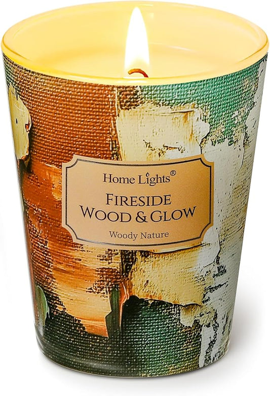 HomeLights 1-Wick Candles for Home Scented - 6.7oz Soy Wax Blend Candle Long-Lasting Fragrance, Industrial Chic Home Decor and Housewarming Gifts, Fireside Wood & Glow
