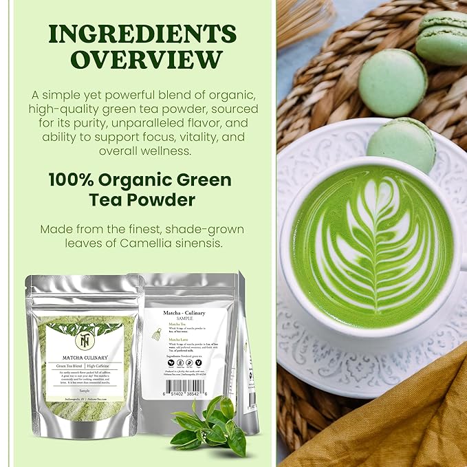 Nelson's Tea Organic Matcha Powder – Premium Culinary Grade Green Tea for Lattes, Smoothies & Cooking – Versatile, Antioxidant-Rich Powder Ideal for Healthy Recipes, Baking & Beverages – (Sample 1 Oz)