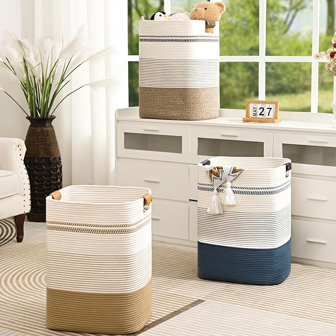 Laundry Hamper, 85L Tall Laundry Basket with Leather Handles, Rectangle Large Clothes Hamper for Organizing, Cotton Woven Laundry Baskets Storage Hampers for Bedroom, Nursery, Living Room