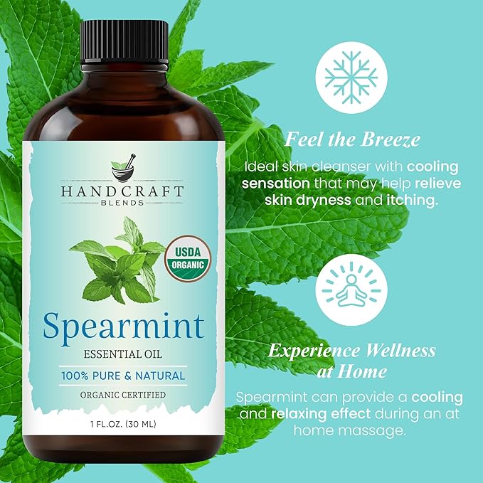 Handcraft Blends Organic Spearmint Essential Oil – 1 Fl Oz – 100% Pure and Natural – Premium Grade Essential Oil for Diffuser and Aromatherapy