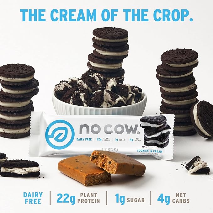 No Cow High Protein Bars, Cookies 'N Cream - Healthy Snacks, 20g Vegan Protein, High Fiber, Low Sugar, Keto Friendly, Dairy & Gluten Free (12 Count)