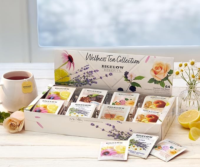 Bigelow Benefits Wellness Tea Collection, Variety Gift Box Sampler, 64 Tea Bags, (Pack of 1
