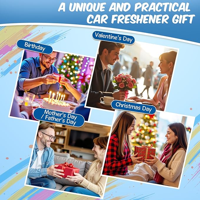 Car Air Freshener Diffuser 6 Pack Hanging Air Freshener, Vanilla Cream, Pink Sparkle Champagne, Mahogany Teakwood, Pistachio & Salty Caramel, Jasmine Dragonfruit and Mahogany Coconut Scents