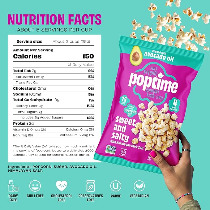 Poptime Kettle Cooked Popcorn Snack Bags – Sweet & Salty Kettle Corn Popcorn Bags, Healthy Snack With Avocado Oil & Himalayan Pink Salt, Gluten Free, Vegan, Low Calorie, Non-GMO - 7 oz - Pack 12