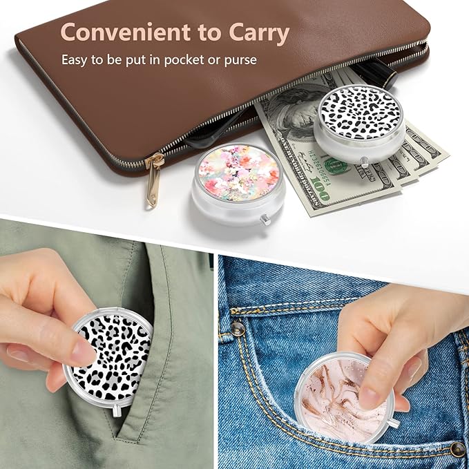 3 Pack Pill Box, Small Pill Case for Purse & Pocket, Cute Travel Medicine Organizer, Portable Medicine Container Holder to Hold Vitamins, Medication, Fish Oil & Supplement, Pink Flowers Leopard