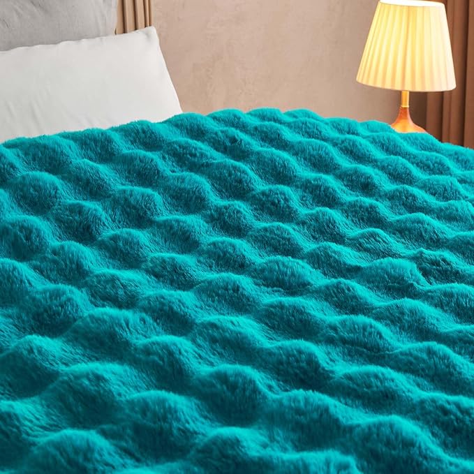 Lotus Karen Faux Fur Throw Blanket Teal - Big Bubble Rabbit Fluff Blanket for Couch Bed Sofa,Softest Fluffy Fuzzy Cozy Blanket,Thick Furry Plush Shaggy Warm Blankets for Women,90x90 Inches