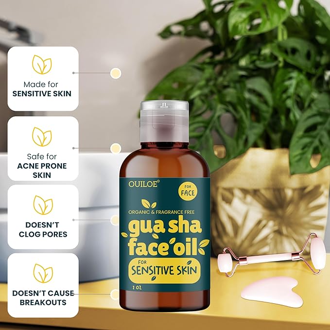 Gua Sha Oil for Sensitive Skin - Face Oil Gua Sha Massage - Lymphatic Anti Aging Facial Massage Oil - Safe for Acne Prone Skin, Non Comedogenic, Fragrance Free, Natural & Non Greasy, 2oz