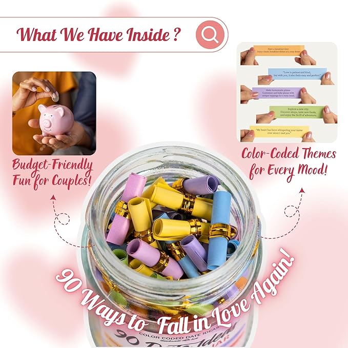 90 Date Ideas In A Jar, Date Night Ideas, Gifts for Women, Date Ideas, Birthday Gifts for Women, Date Jar Wedding, Date Night Game for Him or Her, Gift for Couples, Positive Affirmation Cards