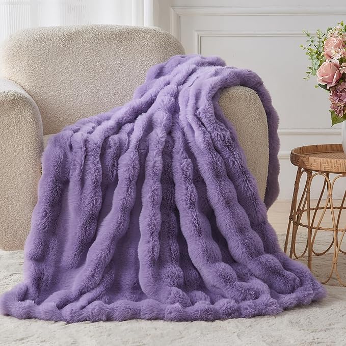 Lotus Karen Faux Fur Throw Blanket Purple - Big Bubble Rabbit Fluff Blanket for Couch Bed Sofa,Softest Fluffy Fuzzy Cozy Blanket,Thick Furry Plush Shaggy Warm Blankets for Women,60x80 Inches