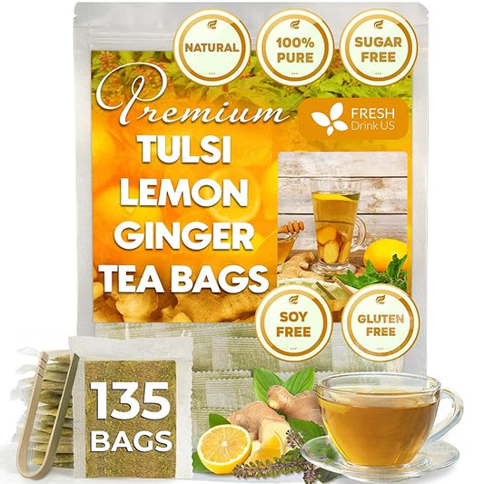 FreshDrinkUS, Premium 135 Tulsi Lemon Ginger Tea Bags, 100% Natural & Pure from Tulsi Holy Basil Leaves, Lemon and Ginger. Made with Natural Material Tea Bags. No Sugar, No Caffeine, Vegan.