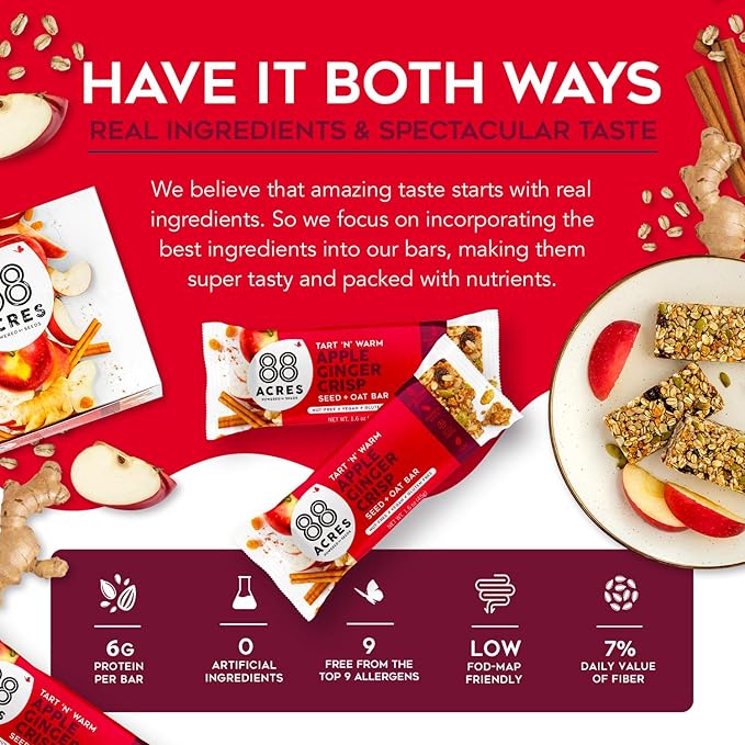 88 Acres Granola Bars | Apple Ginger Crisp | Gluten Free, Nut-Free Oat and Seed Snack Bar | Vegan & Non GMO | 12 Pack