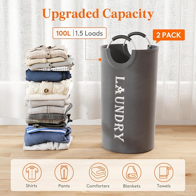 Lifewit 100L 2-Pack Large Laundry Basket, Collapsible Laundry Hamper with Aluminum Handles, Waterproof Freestanding Dirty Clothes Hampers for Laundry Room Bedroom Dorm Bathroom, Grey