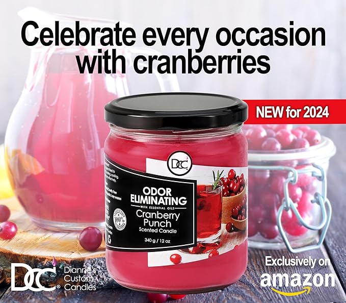 Cranberry Punch Odor Eliminating Highly Fragranced Candle - Eliminates 95% of Pet, Smoke, Food, and Other Smells Quickly - Up to 80 Hour Burn time - 12 Ounce Premium Soy Blend