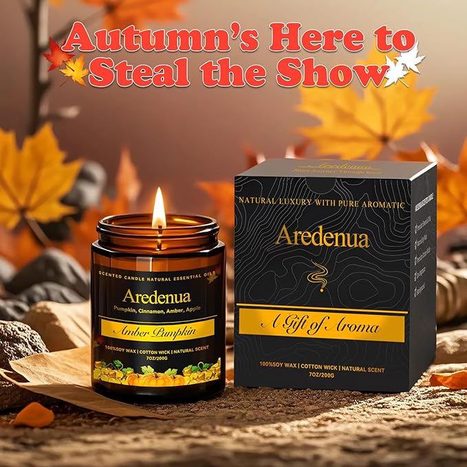 Amber Pumpkin Candle | Fall Pumpkin Candles - Scented Candle for Autumn, 7oz Soy Candles for Home Scented, 50 Hours Burn Time, Harvest Holiday/Halloween/Thanksgiving Fall Gifts for Women Men