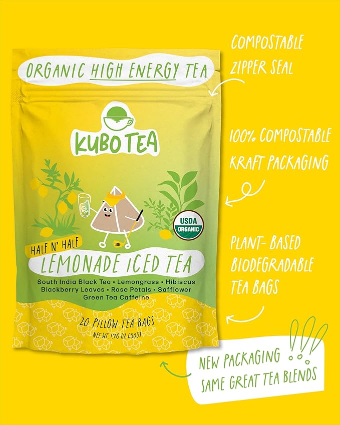 Kubo Tea Organic High Energy Iced Tea - High Caffeine Coffee Substitute with 20 Servings (155mg Caffeine each) - Pillow Tea Bags - Half & Half Lemonade Flavor w/Compostable & Biodegradable Packaging