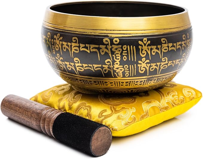 Tibetan Singing Bowl Set - Easy To Play Authentic Handcrafted For Meditation Sound Bowl Chakra Yoga Healing 4 Inches By Himalayan Bazaar (Black & Yellow)