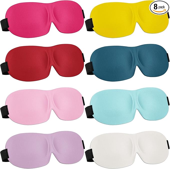 Bencailor 8 Pcs Sleep Eye Mask 3D Contoured Eyes Mask Blackout Eye Covers for Sleeping with Adjustable Strap Light Night Blindfolds Soft Comfy Eyes Shade for Women Men (Medium,Solid Color)