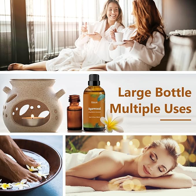 Agarwood Essential Oil 100 ml, ESSLUX Large Single Scented Oils 3.3 oz, Aromatherapy Oils for Diffuser, Massage, Soap, Candle Making, Perfume