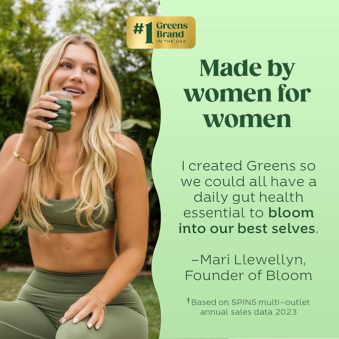 Bloom Nutrition Superfood Greens Powder, Digestive Enzymes with Probiotics and Prebiotics, Gut Health, Bloating Relief for Women, Chlorella, Green Juice Mix with Beet Root Powder, 25 SVG, Apple Cider