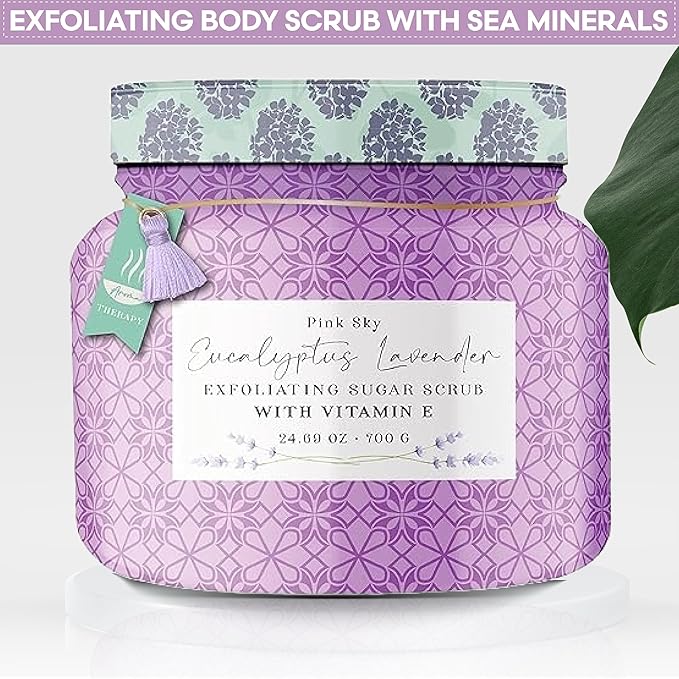 Pink Sky Exfoliating Body Scrub - Ultra Gentle Sugar Scrub for Smooth Skin - Premium Body Scrubs for Radiant, Soft Skin - Ideal Exfoliator for All Skin Types - 700g (Eucalyptus Lavender, 24.69 Oz)