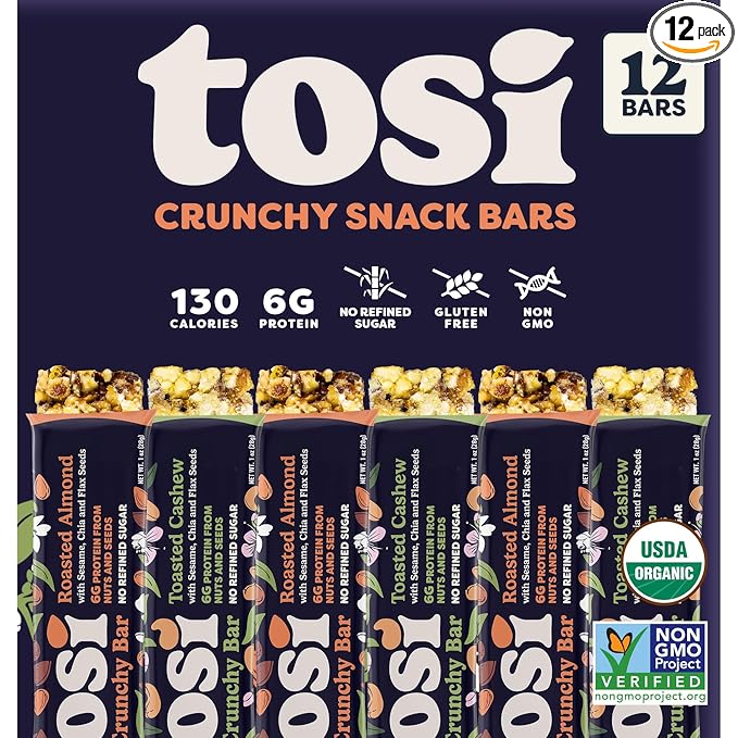 Tosi Almond and Cashew Protein Bars Combo, Plant Based with Nuts, Gluten-Free Crunchy Snacks, Vegan, Organic, Flax & Chia Seeds, Soy-Free, Omega 3s, 5G Protein, 1 oz, 12-Pack