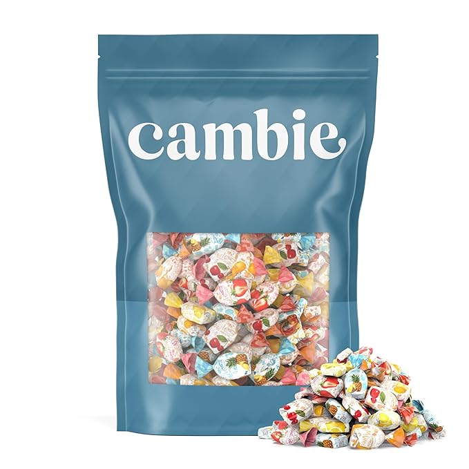 Assorted Fruit Hard Candy Individually Wrapped by Cambie, 4 lbs of Halloween Candy Bulk with a Deliciously Sweet Hard Exterior with a Soft, Decadent Filled Center