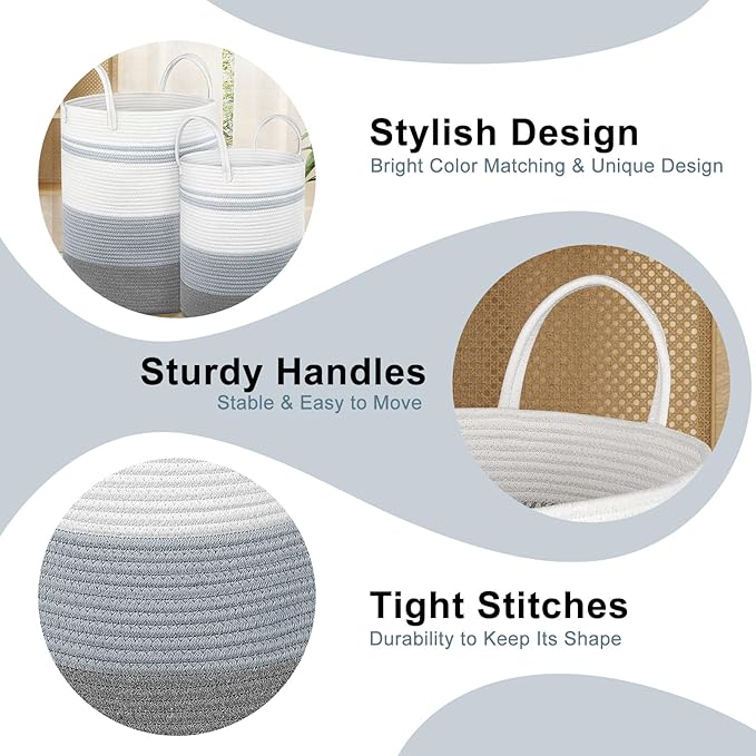 2 Pack Large Tall Rope Laundry Baskets, Cotton Laundry Hamper, Dirty Clothes Hampers Woven Basket, Blanket Basket Storage for Living Room, Dirty Clothes Baskets for Bedroom, Baby Room, 58L&28L Grey