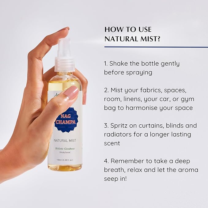 Nag Champa Natural Mist Spray by Aromafume | 100 ml / 3.3oz | Made with Sandalwood, Jasmine, Ylang Ylang & Champa flower extracts | Ideal for meditation and rituals | Non-alcoholic, non-toxic & vegan