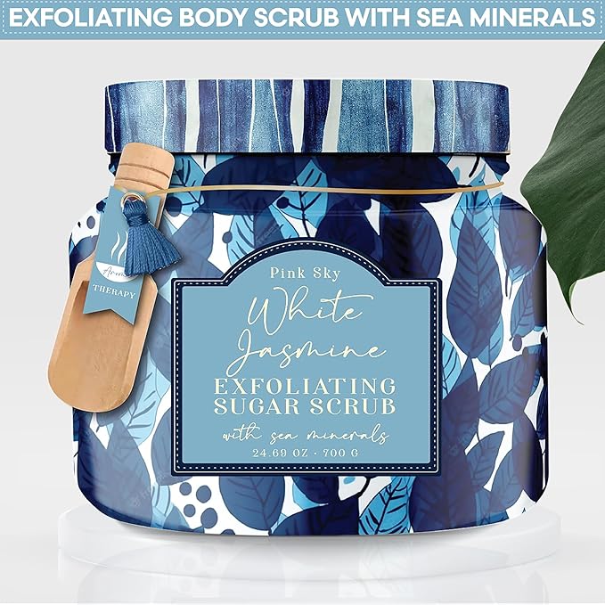 Pink Sky Exfoliating Body Scrub - Ultra Gentle Sugar Scrub for Smooth Skin - Premium Body Scrubs for Radiant, Soft Skin - Ideal Exfoliator for All Skin Types - 700g (White Jasmine, 24.69 Oz)