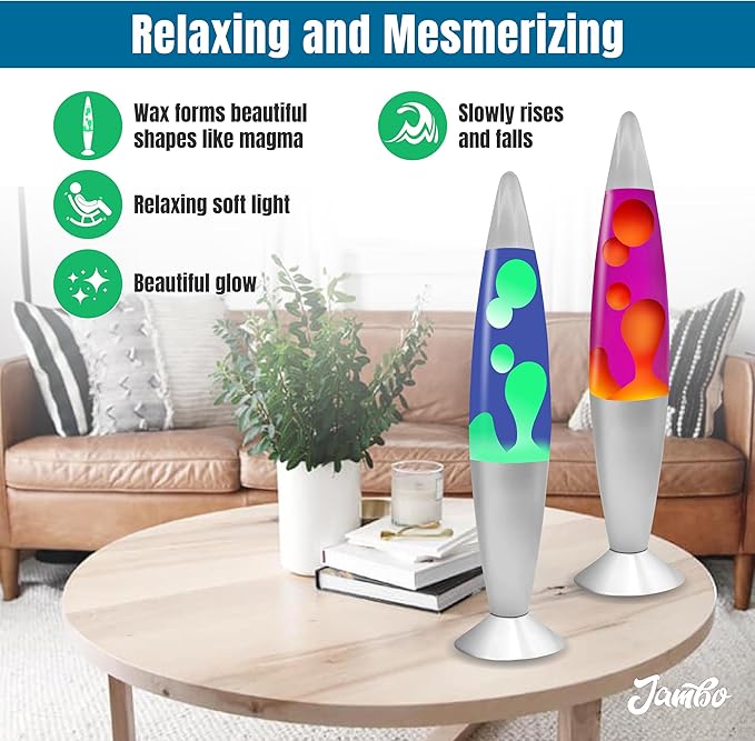 JAMBO 2 Pack- 16" Beautiful Lamp- Blue with Yellow/Green Wax and Purple with Yellow Wax, Relaxing Liquid Lamp, Night Light Nightlight, Lamps for Adults Teens Kid