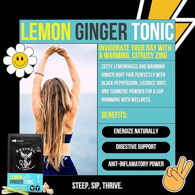 Revival Tea Company Lemon Ginger Tonic - Caffeine Free Herbal Tea Blend with Lemongrass and Ginger - 24 Tea Bags