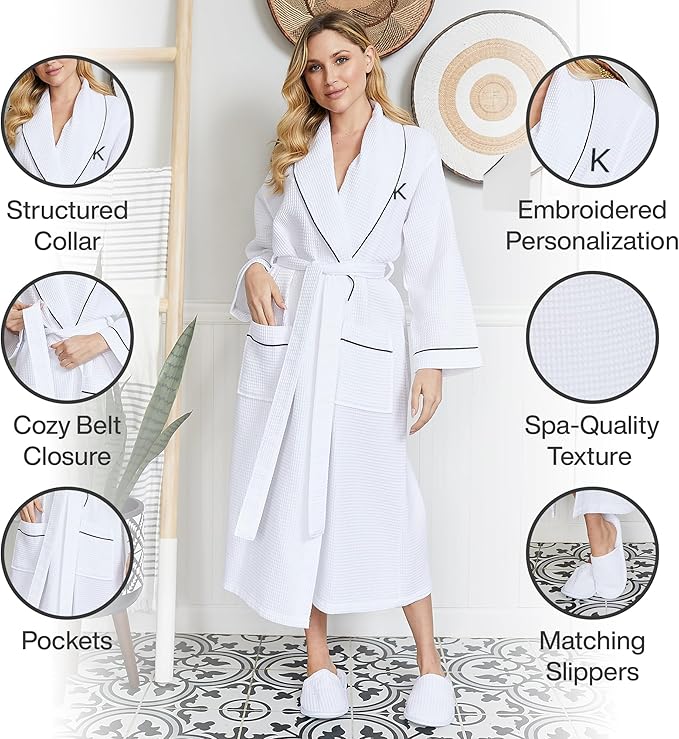 Lotus Linen Waffle Robes for Women - Lightweight Cotton Kimono Bathrobe - Long Soft Spa Bath Robe
