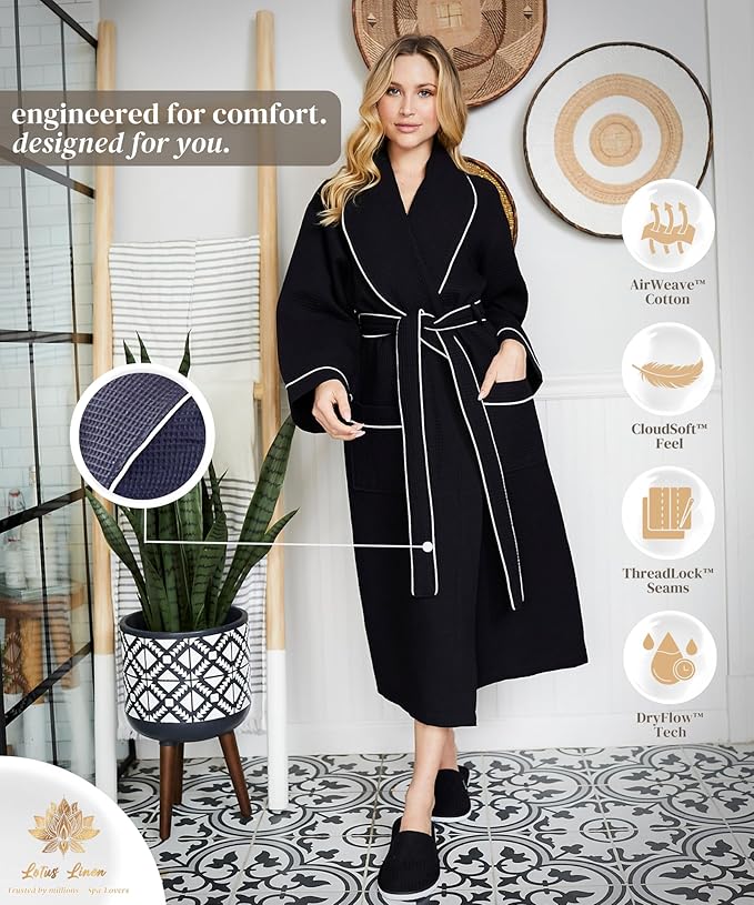 Lotus Linen Waffle Robes for Women - Lightweight Cotton Kimono Bathrobe - Long Soft Spa Bath Robe