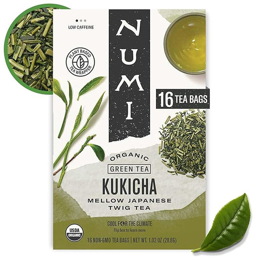 Numi Organic Kukicha Japanese Green Tea, 16 Microplastic Free Tea Bags, Low Caffeinated