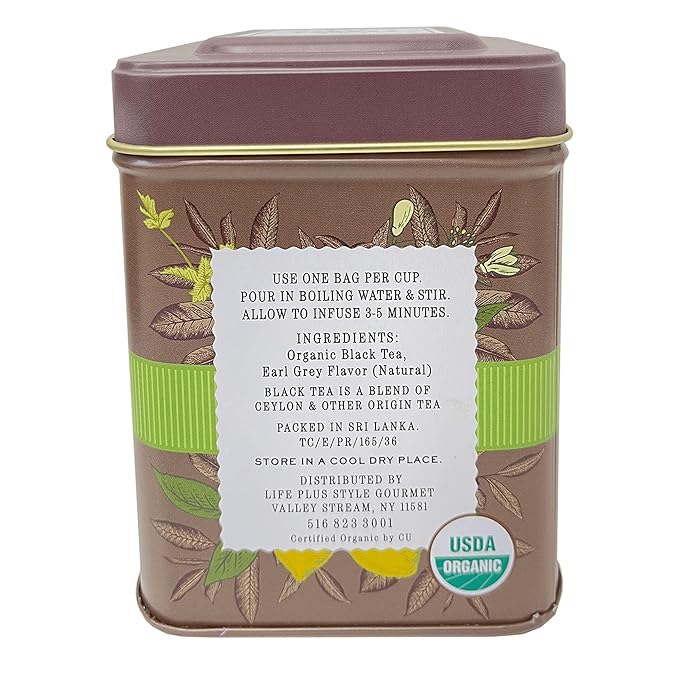 Premium USDA Organic Earl Grey Bergamot Tea Bags 50 Pack Designer Tin, Crafted in Sri Lanka, Naturally Caffeinated Herbal Teabags Full Bodied Flavor, Keto. Bulk (50-Count)