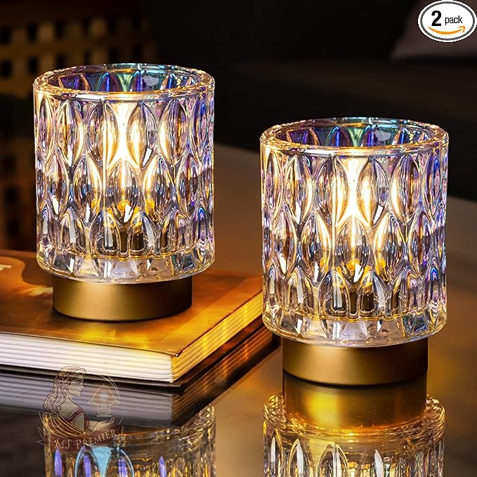 Battery Operated Table Lamps Timer, Mini Crystal Lamp for Area No Plug, Cordless Lamp with LED Bulb for Power Outage, Decorative Lamps for Tabletop/Corner/Entryway/Stairway/Bathroom/Fireplace(2*PEARL)