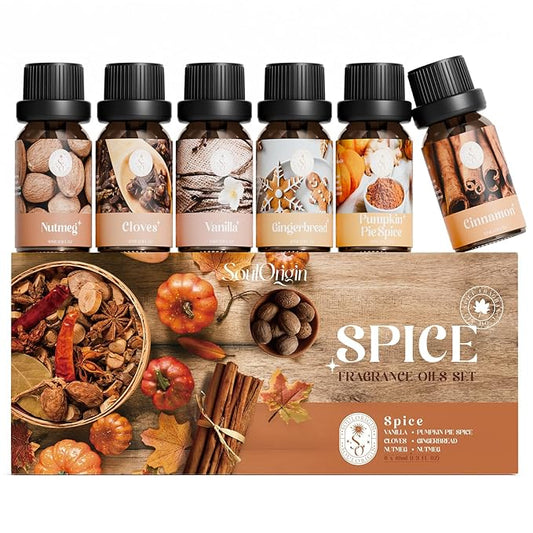 Autumn Spice Essential Oils Set – Cozy Fall Fragrance Oils for Diffuser & Candle Making – Cinnamon, Vanilla, Pumpkin Pie, Nutmeg, Clove, Gingerbread – Warm Home Aroma & Gift Set