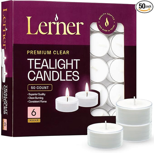 Lerner Tealight Candles in Clear Cups, 50 Count| 6 Hours Long-Burning White Tea Light Candles| Non-Toxic, Smokeless & Soot-Free Tea Light Warmer Candles | Unscented Party, Décor, Shabbat Tea Candles